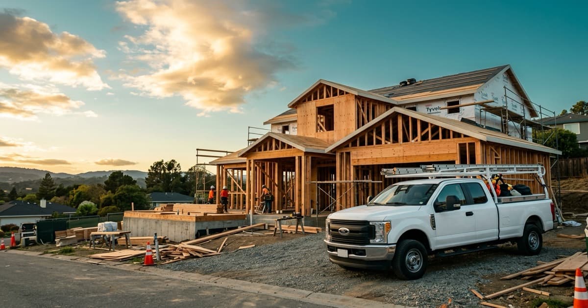 New-home construction site at dusk with fresh wood framing and a contractor's work truck parked out front, Sacramento region