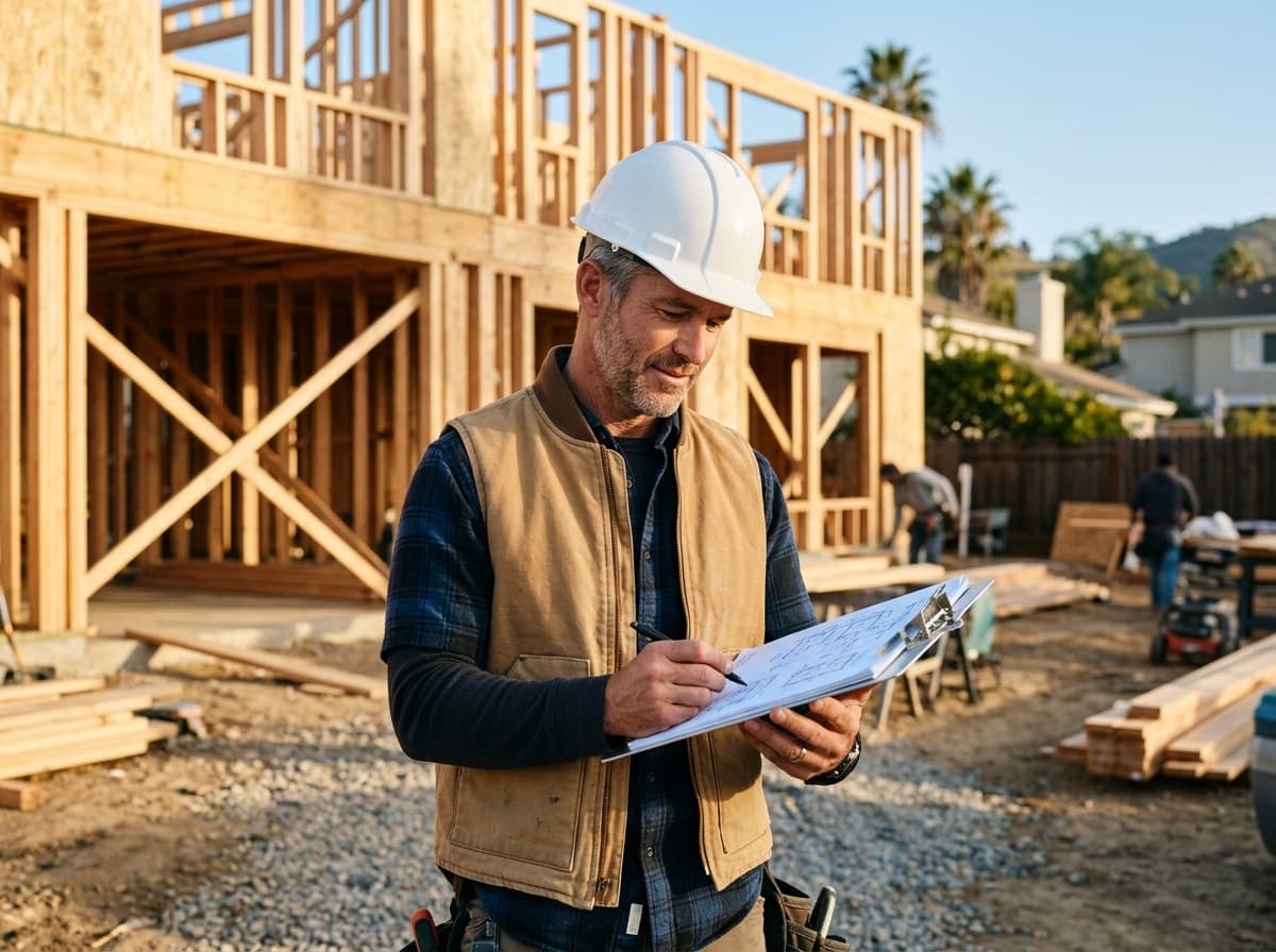 Contractor reviewing plans on a California residential jobsite